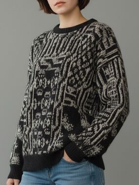 VTG Robert Bruce Geometric Knit Crewneck Sweater Black Grey size large